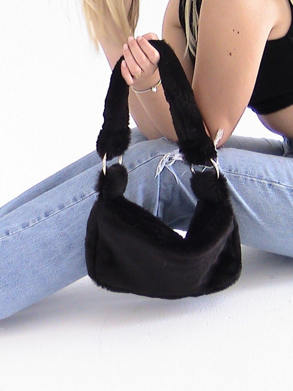 Faux Fur Shoulder Bag in Black